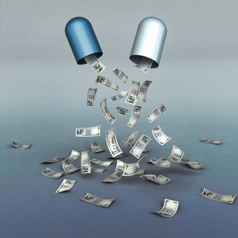 Illustration av piller som öppnas och ut faller sedlar.