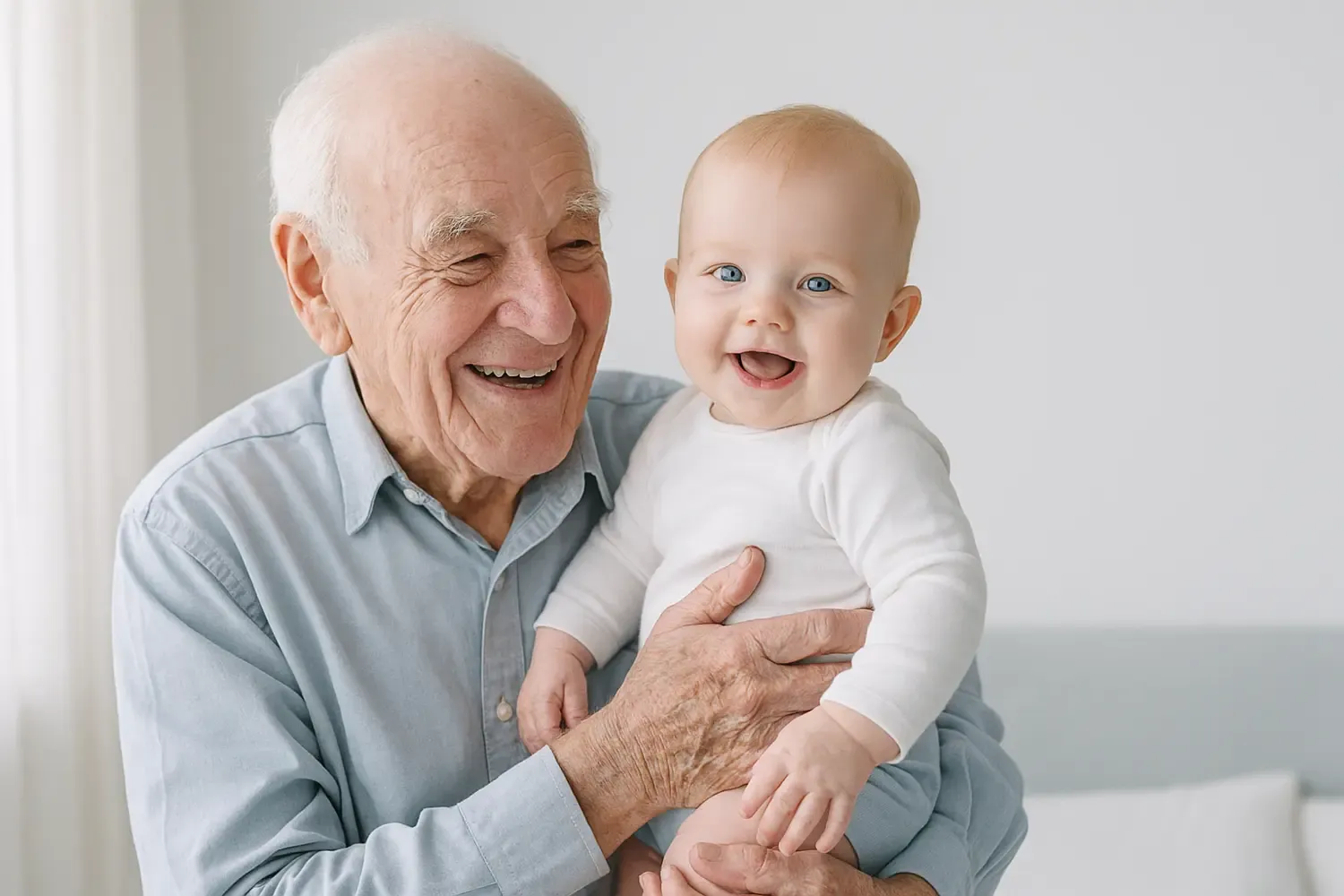 Äldre person sitter inomhus och håller ett litet barn i famnen. Barnet är klätt i en ljus långärmad tröja, och den äldre personen bär en ljus skjorta. Neutral bakgrund med mjukt ljus.