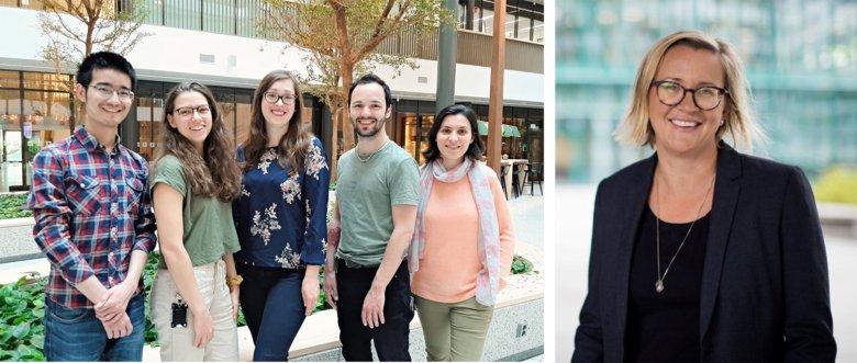 Picture of Johanna Lanner lab members standing next to one another. Johanna Lanner profile picture to the right in the picture.From left: Liu Zhengye, Dinah Marcella Mous, Theresa Mader, Baptiste Jude, Estela Santos Alves, Johanna Lanner