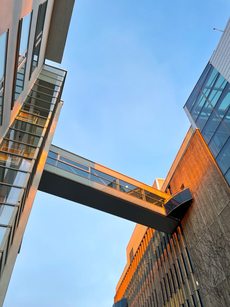 Exterior of hospital buildings.