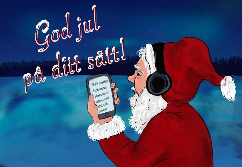 Tomte med hörlurar tittar i mobiltelefon. Texten god jul på ditt sätt skriven ovanför tomten.