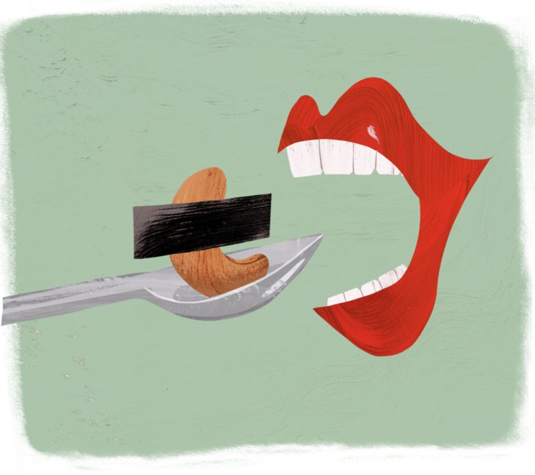 Illustration of mouth eating a peanut.