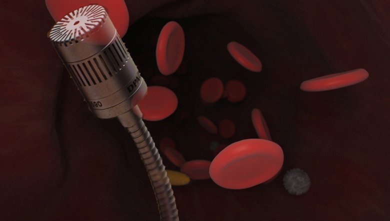 Microphone on a background of blood cells