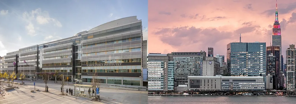 Two buildnings, side by sida showing buildings of Karolinska Institutet, Campus Flemingsberg and NYU Langone Medical Center