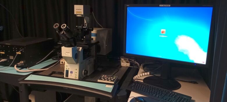 Olympus FV100 is a basic microscope that is capable of imaging dyes and fluorochromes throughout the entire visible range, spanning from blue to far red.