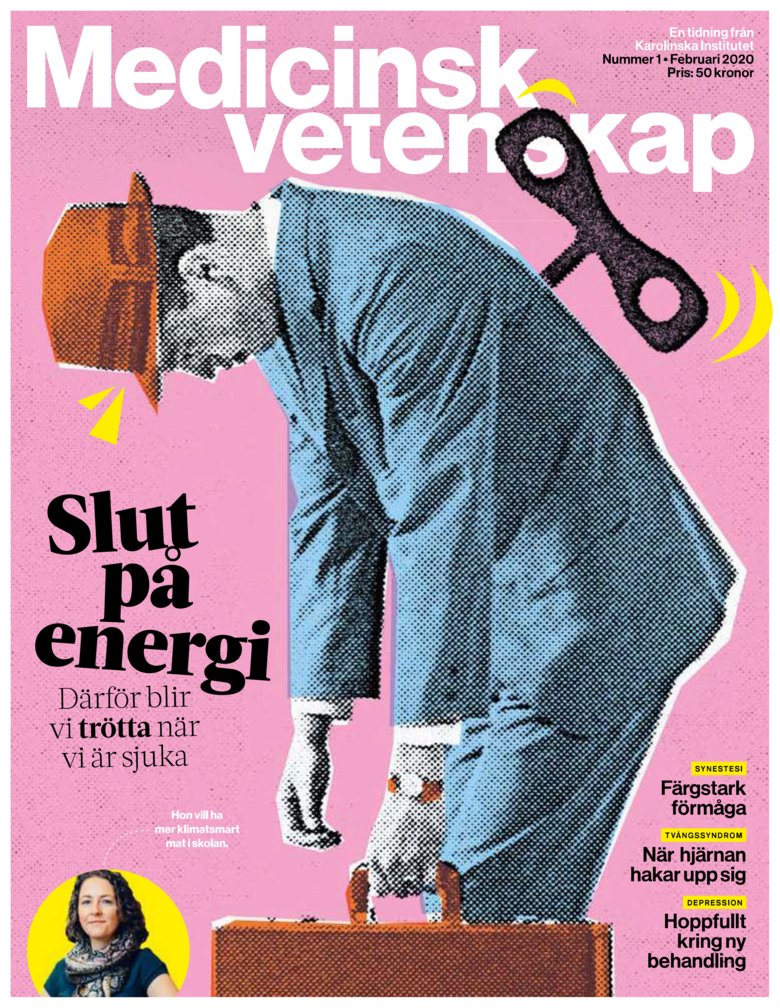 Tired man on the cover pf popular science magazine Medicinsk Vetenskap no 1 2020. Illustration: Istockphoto.