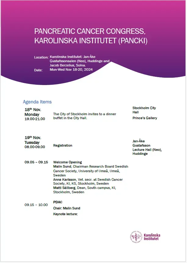 Illustration of the first page of the program for the Pancreatic Cancer Congress, Karolinska Institutet (PANCKI).