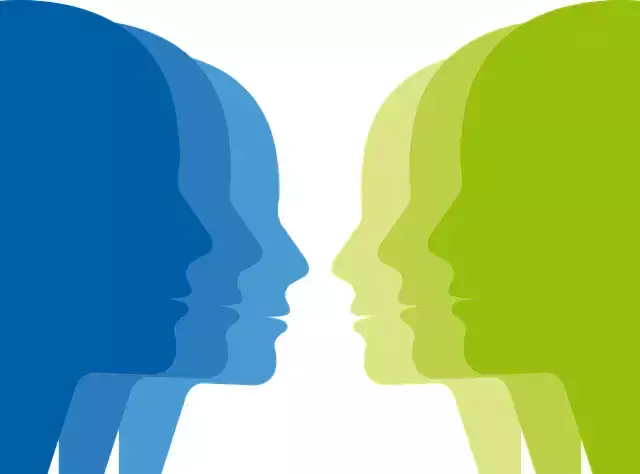 Illustration of blue and green faces opposite each other.