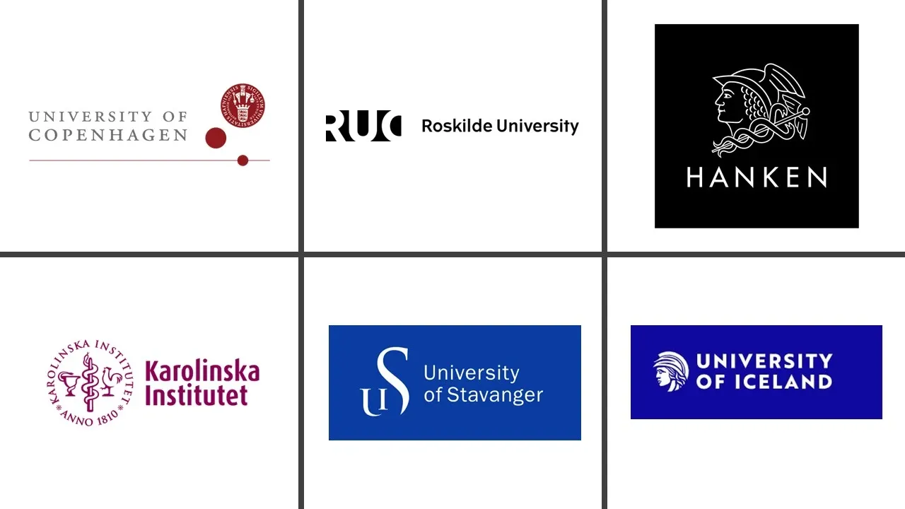 Logos of the universities that have members in the Nordic Health Crises University Network: University of Copenhagen, Roskilde University, Stavanger University, Karolinska Institutet, Hanken School of Economics, University of Iceland