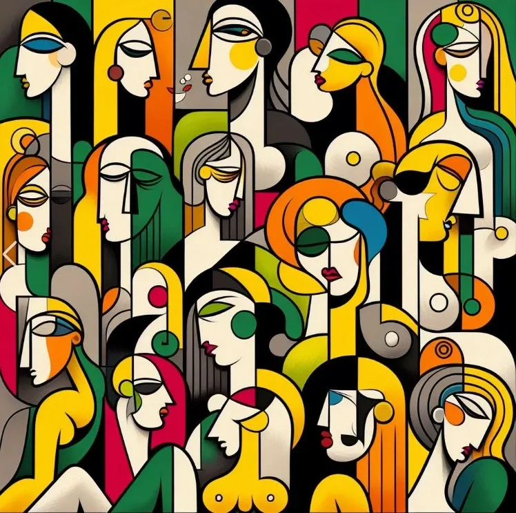 Abstrakt AI-genererad bild föreställande kvinnor utförd i Picasso-stil