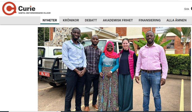 Assistant professor Giulia Gaudenzi is interviewed in Curie., front picture of Giulia with four colleagues in Uganda