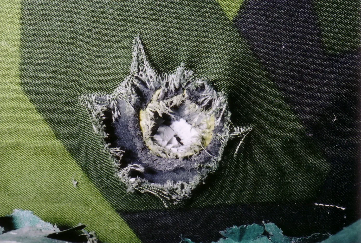 A hole in a protective vest is visible in the centre of the image.