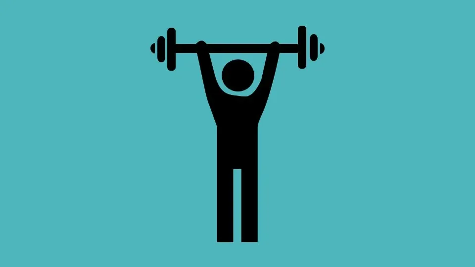 Icon of person lifting a barbell over their head. Teal background.