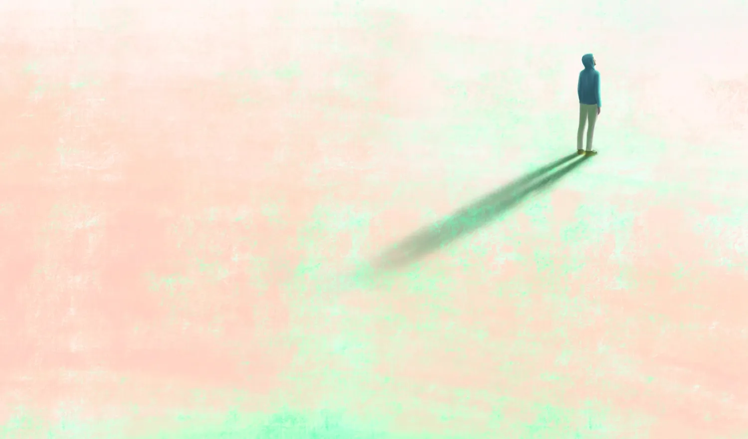 Illustration av person som står på plan ljus mark med en lång skugga efter sig.