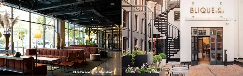 Photos of the two hotels: Elite Palace Hotel Stockholm and Blique by Nobis, Stockholm.