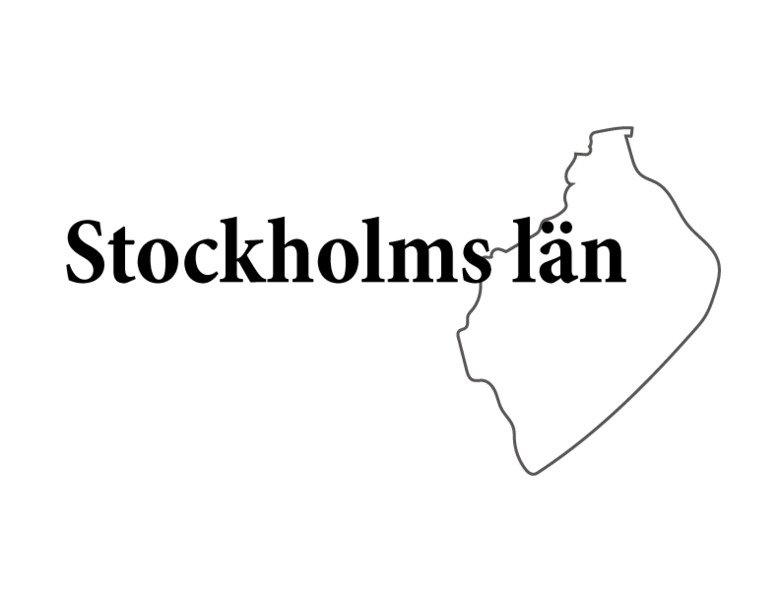 Black text on white background saying "Stockholm county", next to the outline of Stockholm