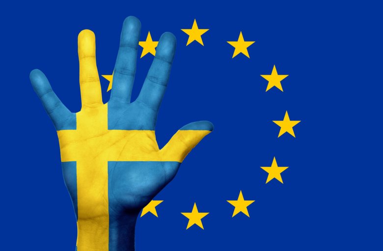 A hand painted with the collors from the Swedish flag over an image of the EU flag.
