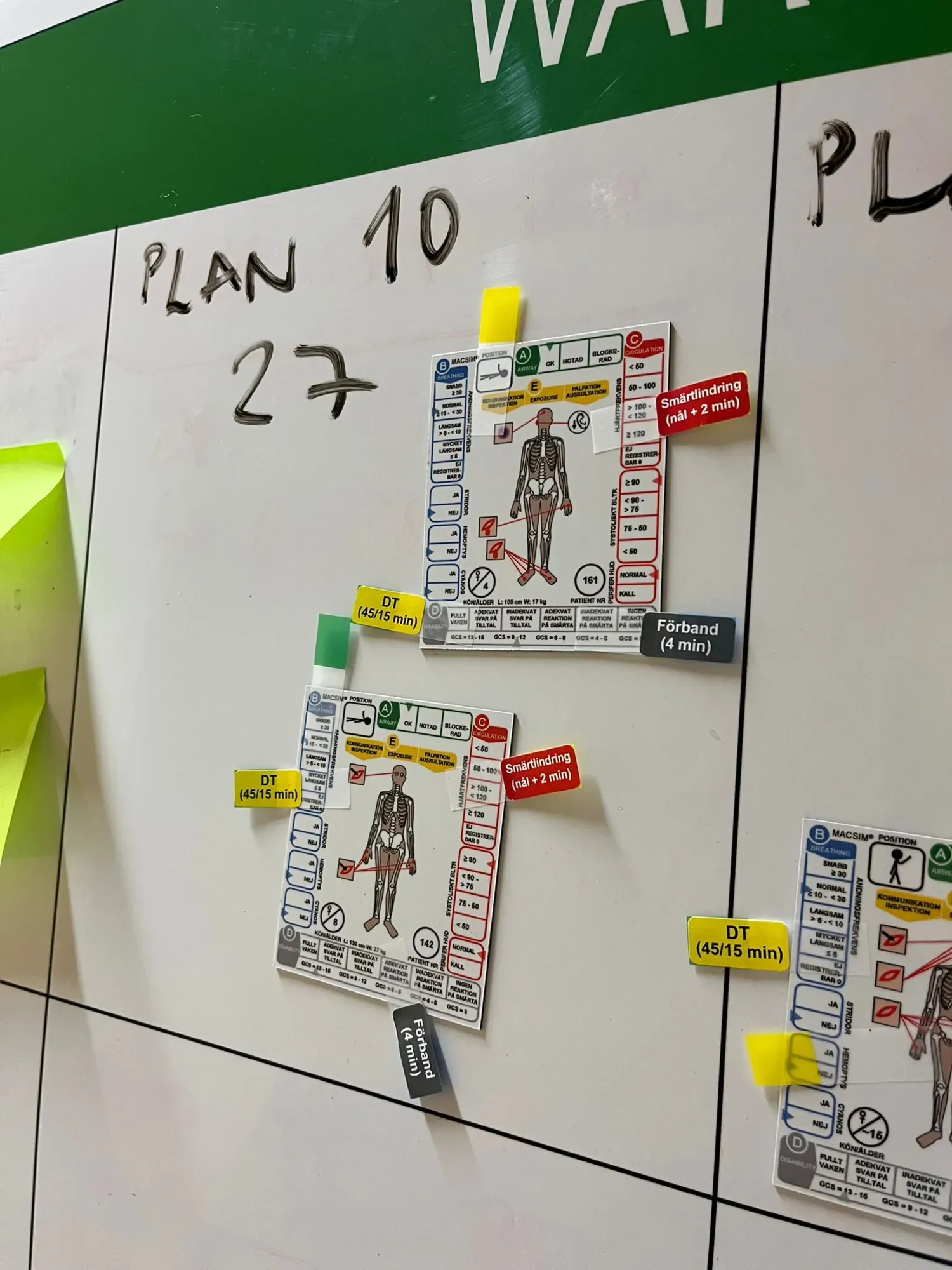 En whiteboard tavla med två kort fastsatta. Korten föreställer patienter och där står antecknat vilken behandling de får