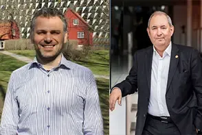 Porträtt av Theodoros Foukakis som står framför Aula Medica samt porträtt av Lars A. Akslen inomhus framför en trappa.