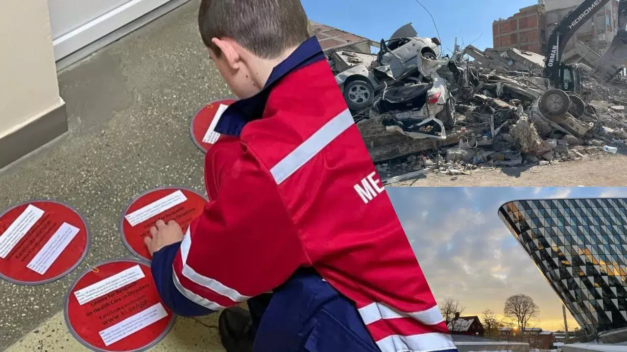 Collage med tre bilder. Från vänter: en sjukvårdare i röda kläder sorterar plattor på ett golv, raserade hus efter en jordbävning, Aula Medica byggnaden