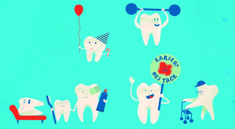 Illustration of happy teeth protesting against caries.