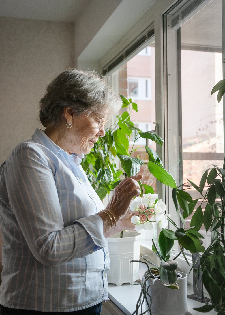 Marianne Sobeus står vid sitt fönster och undersöker en växt.