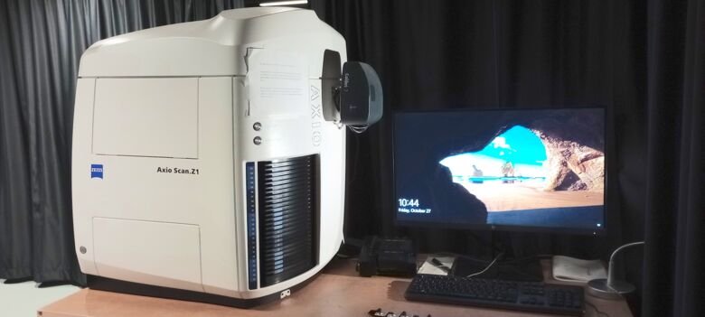 The Axio Scan Z1 is an automated slide scanner which can process up to 100 slides in a single imaging session. This instrument is capable of fluorescence imaging as well as brightfield imaging with colorimetric detection (e.g. HE/DAB) using air objectives