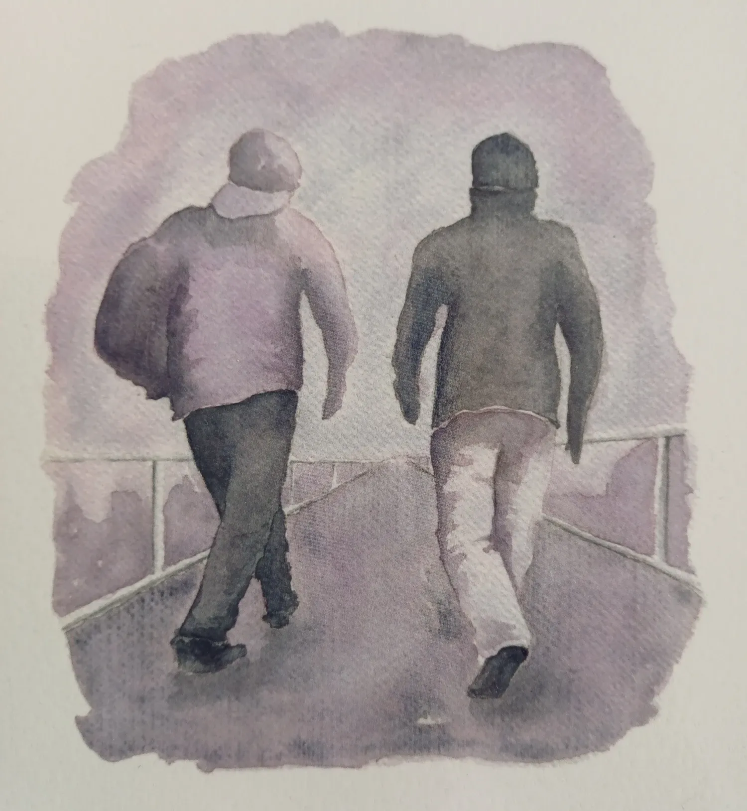 Tecknad bild. Två personer som går ses bakifrån.