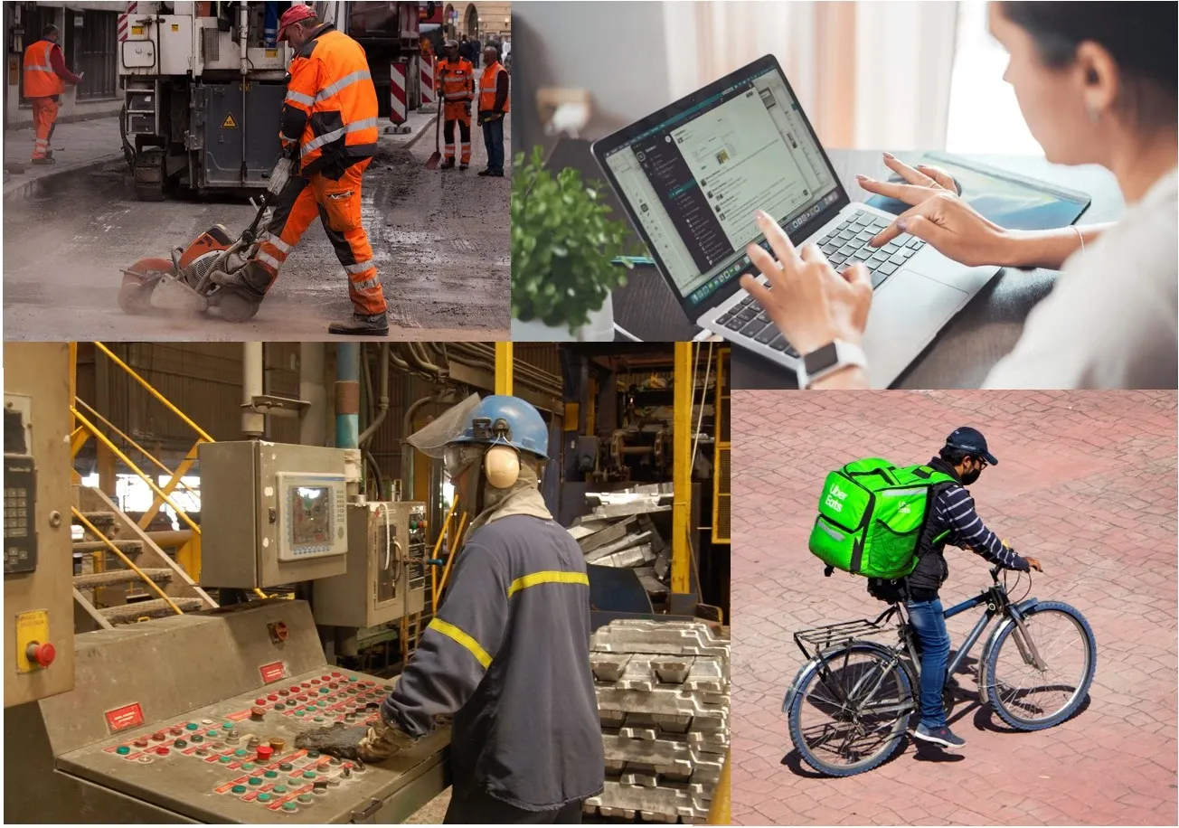 Fyra bilder på olika arbetsmiljöer, både inom- och utomhus.