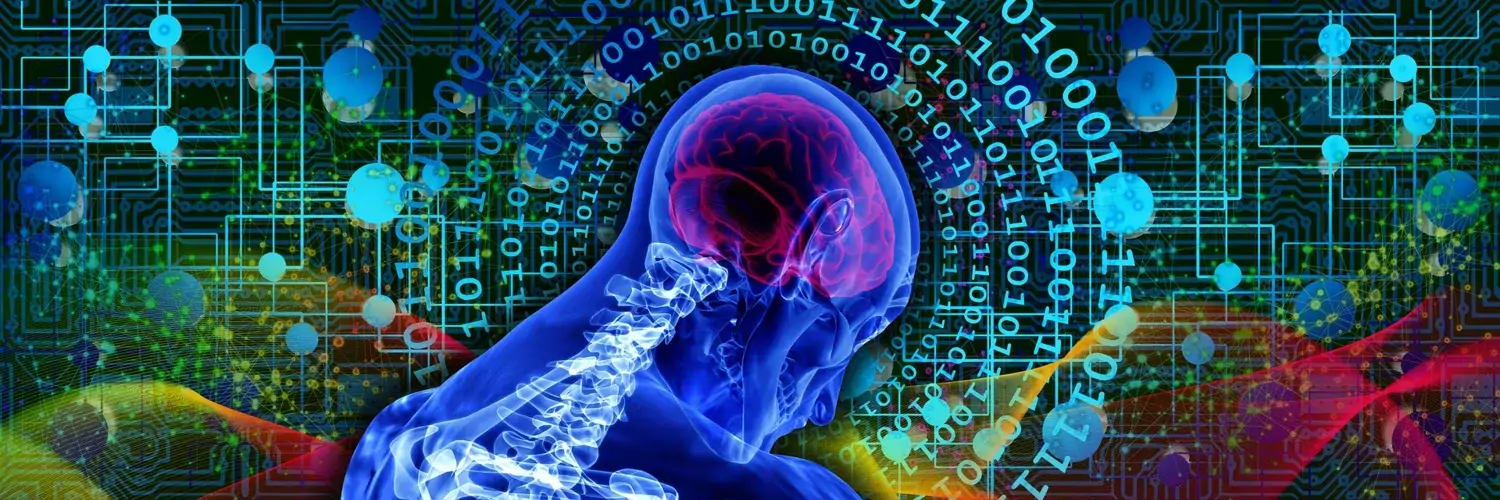 Symbolic illustration of AI: A human figure in cross-section in the foreground, showing the brain and spine. The figure is surrounded by ones and zeros, patterns and colors.