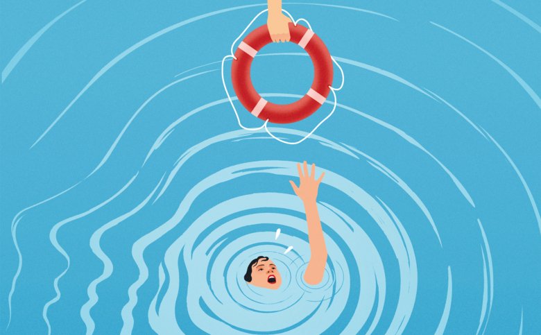 Illustration of a person in the water, almost drowning and reaching for a life saver.