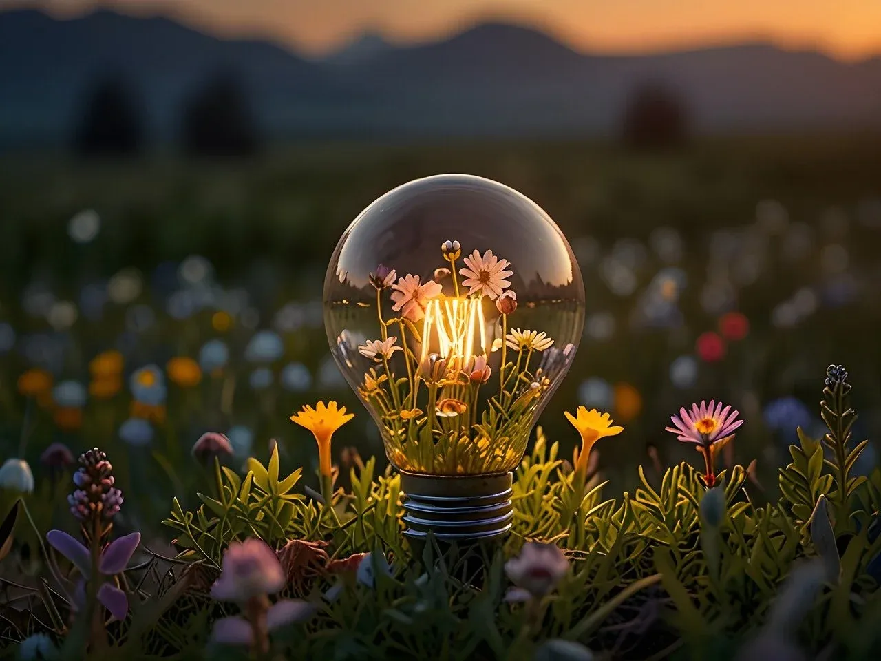 Lightbulb on a meadow full of flowers.