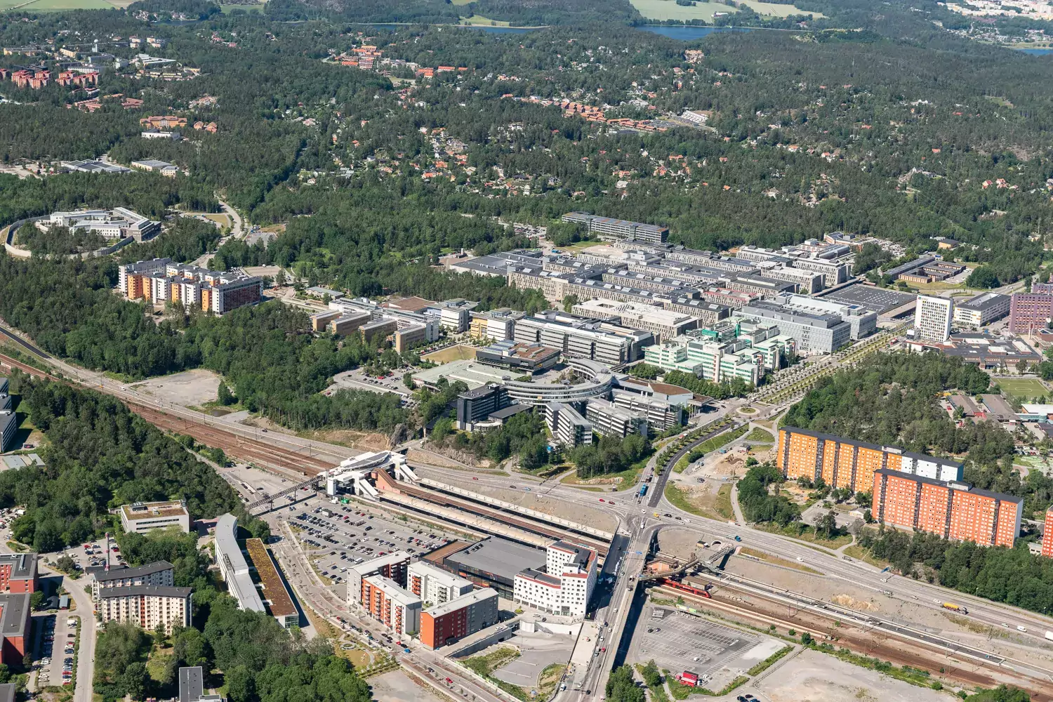 Aerial image over Karolinska Institutet Campus Flemingsberg.