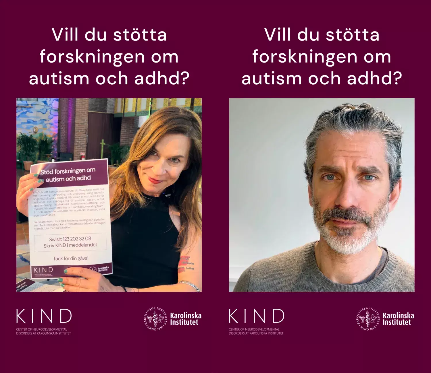 Bild på Caroline af Ugglas och Jens Lapidus. Text: Vill du stötta forskningen om autism och adhd?