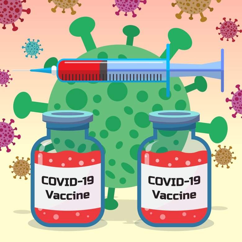 Illustration av virus, dna och sprutor - symboliserar de nya vaccinerna mot corona.