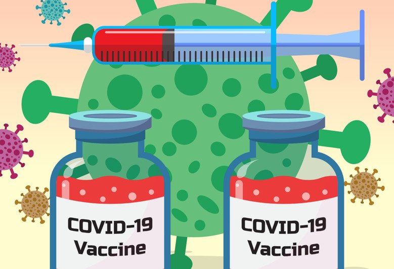 Illustration av virus, dna och sprutor - symboliserar de nya vaccinerna mot corona.