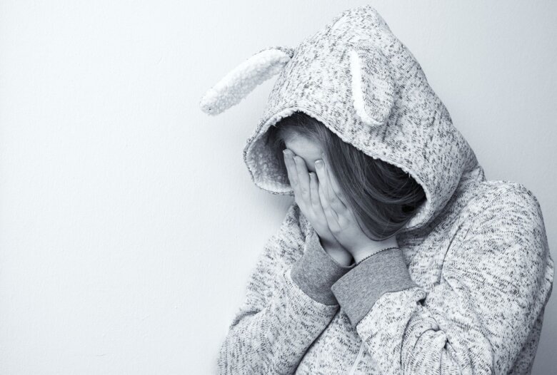 Sad girl holding her hands over her face as she is crying. The girl is wearing a hood with ears.
