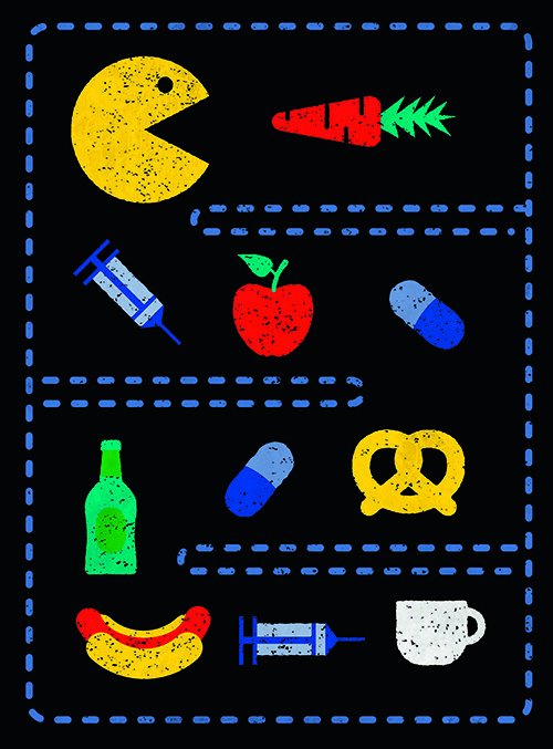 Genre illustrations of different aspects of diabetes.