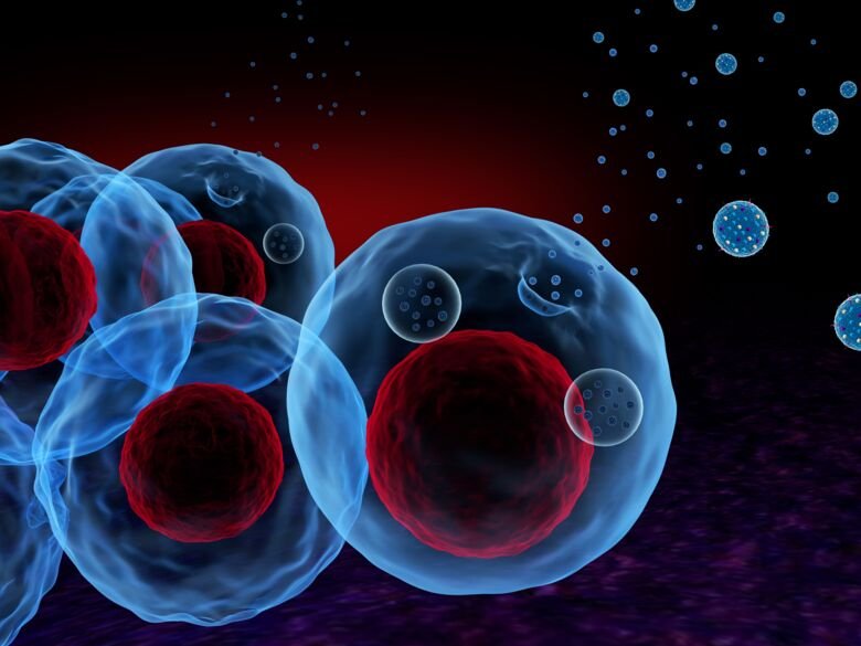 Image envisioning exosomes in blue and red.