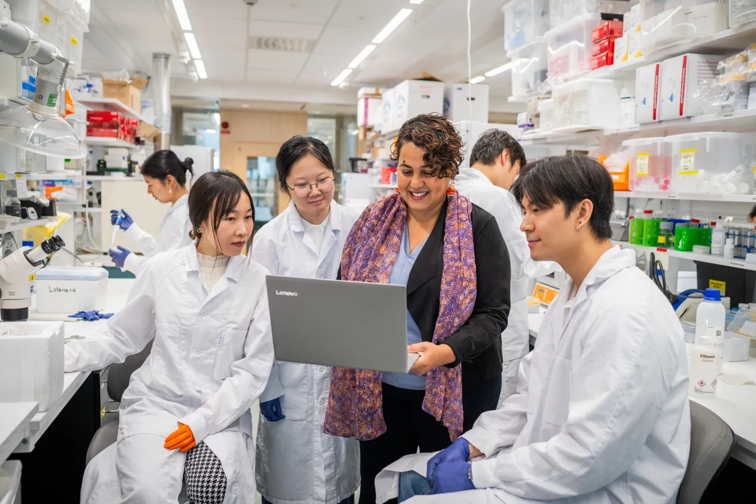 The research team behind the study (from left) Xiaona Feng, Kaiwen Xhan, Saida Hadjab and Prach Techameena at Hadjab Lab.