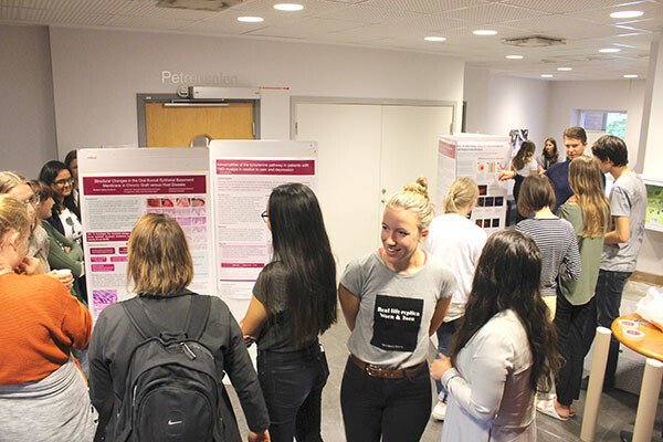 Students mingle next to the lecture hall during an exhibition with rollups