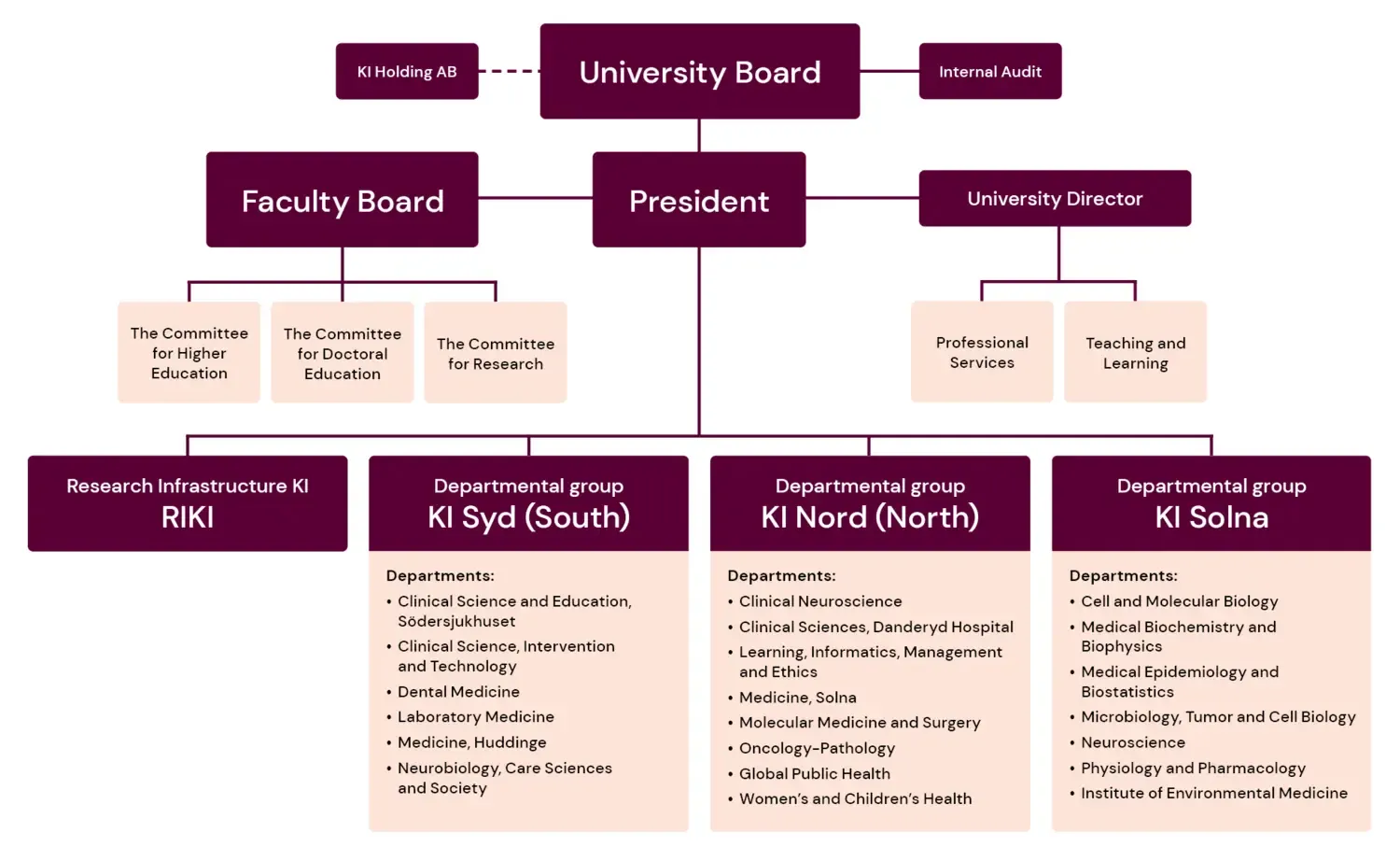 An organisational chart depicting central bodies and officials that exis within KI. || Karolinska Institutet’s organisation