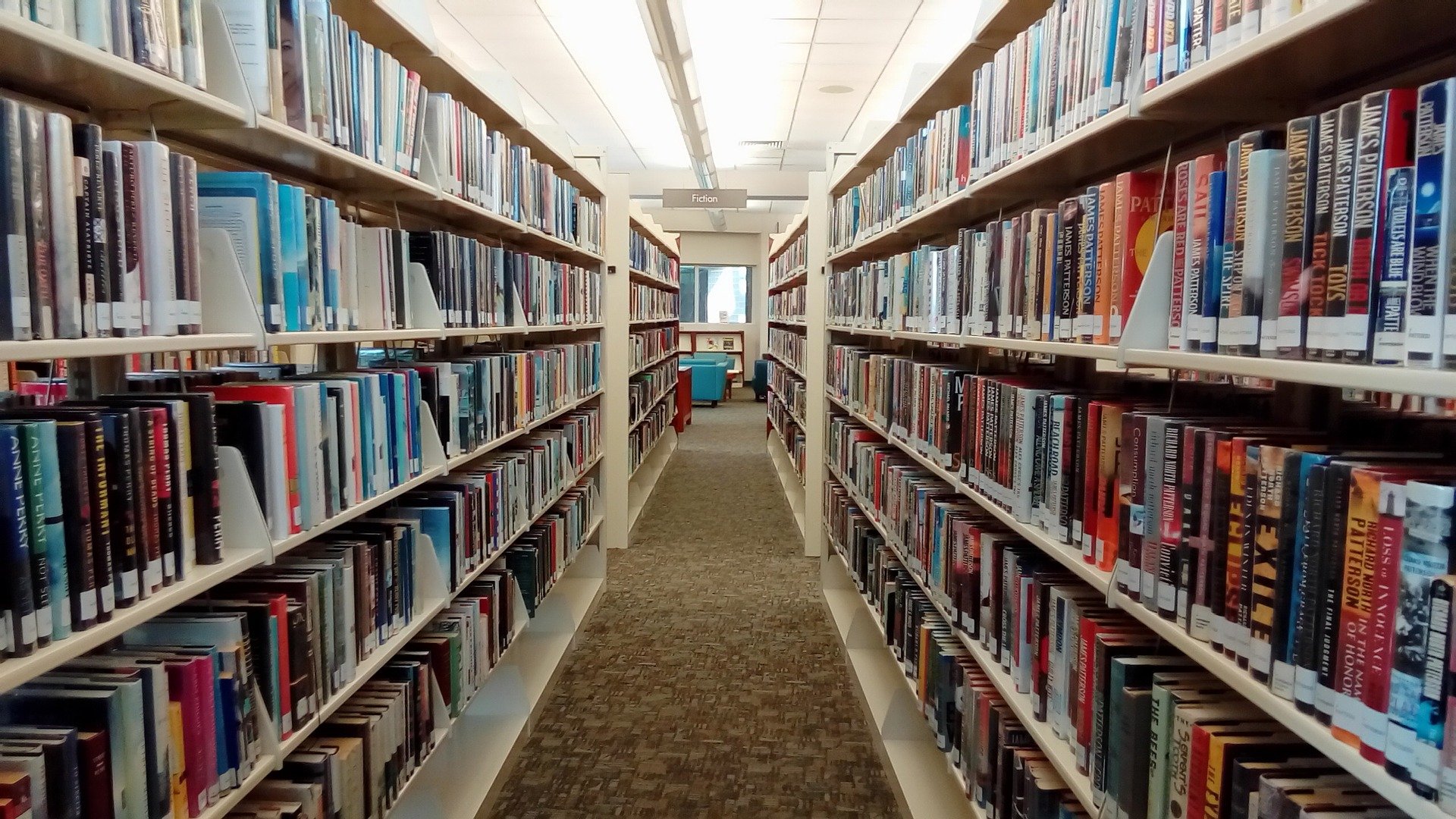 racks of books in library