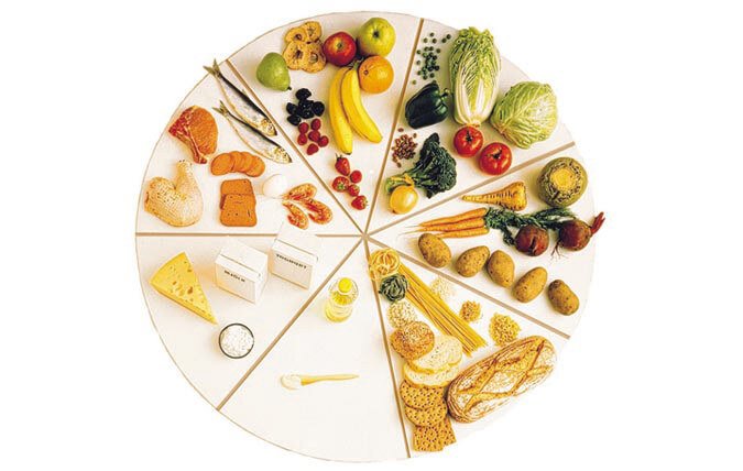 Circle with seven sections, each containing a food group.