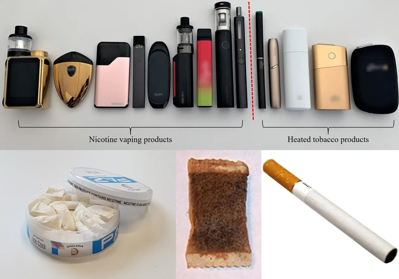 En bild på olika nikotinprodukter: vapes, heat not burn, vitt snus, snus och cigaretter