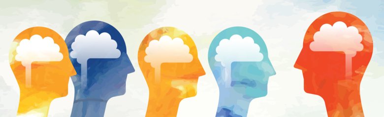 Colorful illustration of five people and their thinking minds.
