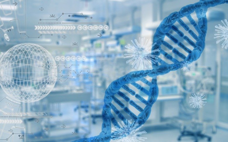 Illustration of virus, DNA and syringe - illustrating the new vaccines against the coronavirus.