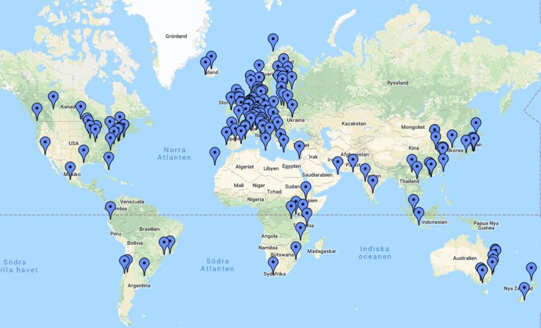 Google map with pins marking KIs international partnerships
