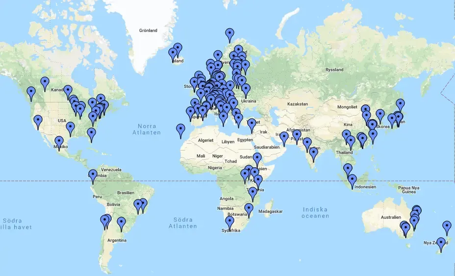 Google map with pins marking KIs international partnerships