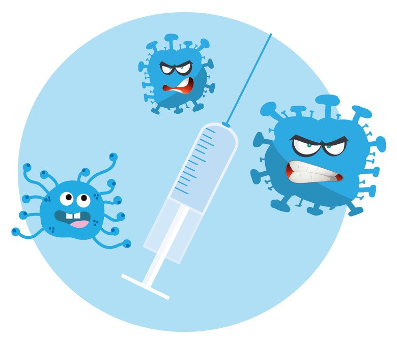 Illustration av virus, dna och sprutor - symboliserar de nya vaccinerna mot corona.